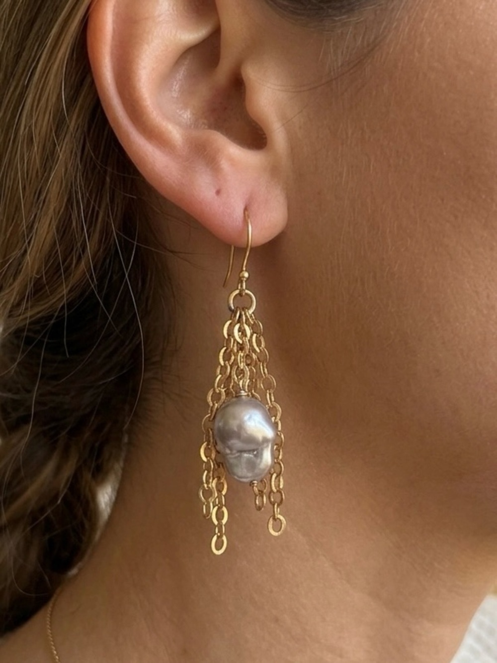 Baroque Pearl & Gold Chain Dangle Earrings - Boho Chic
